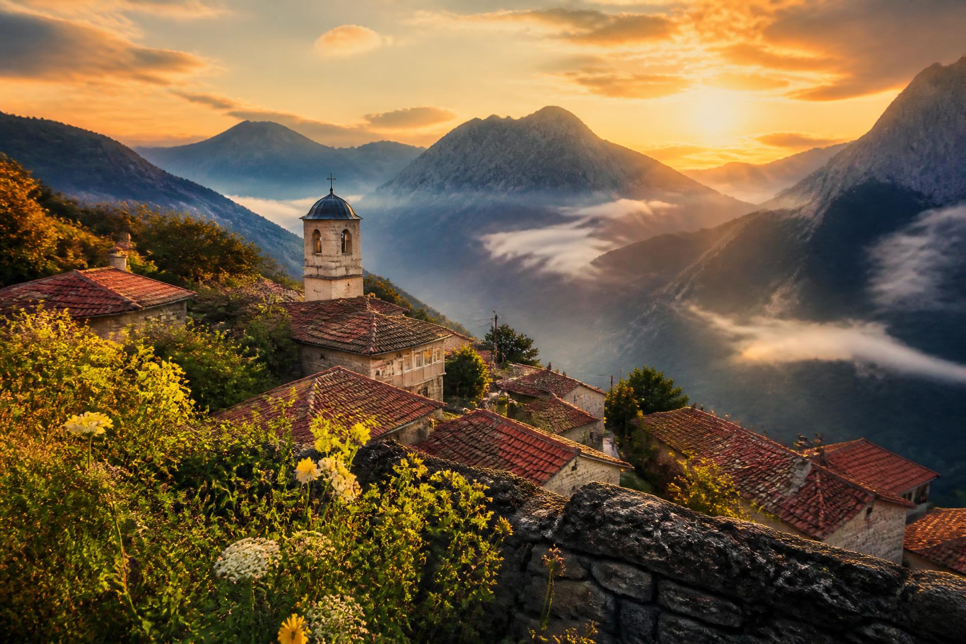 Pueblo de montaña al amanecer entre niebla